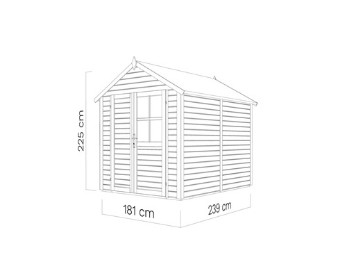 Bild av ett trädgårdshus med måtten: 225 cm högt, 181 cm brett och 239 cm djupt.