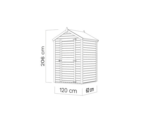 Ritning av ett trädgårdsskjul med måtten 206 cm höjd, 120 cm bredd och 62 cm djup.