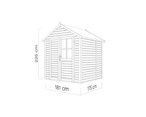 Illustration av ett trädgårdshus med måtten 225 cm högt, 181 cm brett och 175 cm djupt.