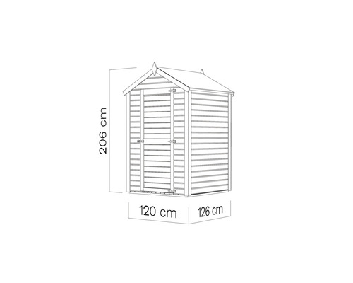 Illustration av ett trädgårdsskjul med måtten 206 cm högt, 120 cm brett och 126 cm djupt.
