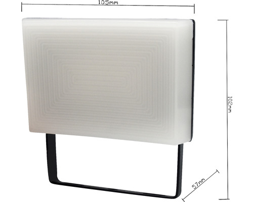LED-vägglampa med måtten 105 mm bredd, 102 mm höjd och 57 mm djup.