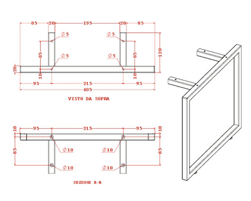 Teknisk ritning av en rektangulär väggspegel med mått