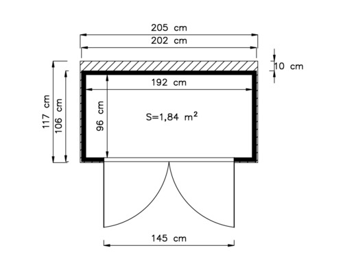 Ritning med mått: 205 cm bred, 117 cm hög, area 1,84 kvadratmeter