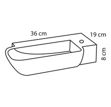 Ritning av ett handfat med måtten 36 x 19 x 8 cm.