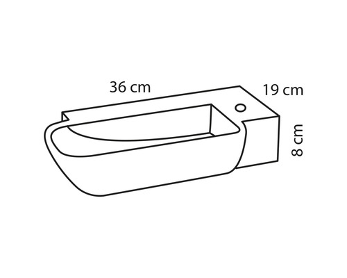 Ritning av ett handfat med måtten 36 x 19 x 8 cm.
