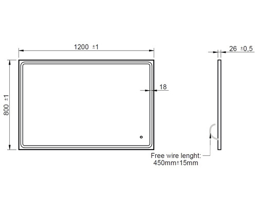 Teknisk ritning av en spegel som mäter 1200 x 800 mm