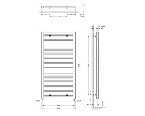 Teknisk ritning av ett värmeelement med måttangivelser