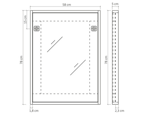 Teknisk ritning av ett spegelskåp med måttangivelser.