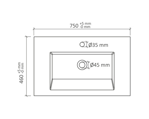 Ritning av en tvättställsskiva med måtten 750 x 460 mm och utskärningar med en diameter på 35 mm och 45 mm.