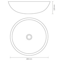 Skiss av ett runt tvättställ för bänkskiva med mått