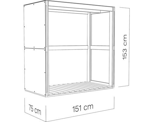 Vedförvaringshylla med måtten 153 cm hög, 151 cm bred och 75 cm djup