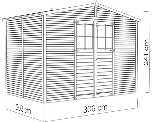 Bild av ett trädgårdsskjul med måtten 306 cm bredd, 202 cm djup och 241 cm höjd.