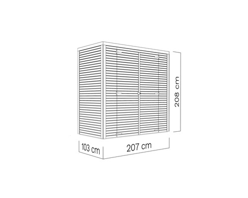 Trädgårdsskåp med måtten 208 cm höjd, 207 cm bredd och 103 cm djup.