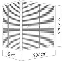 Illustration av ett redskapsbod med måtten 207 x 157 x 208 centimeter