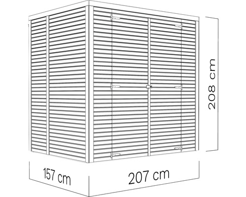 Illustration av ett redskapsbod med måtten 207 x 157 x 208 centimeter