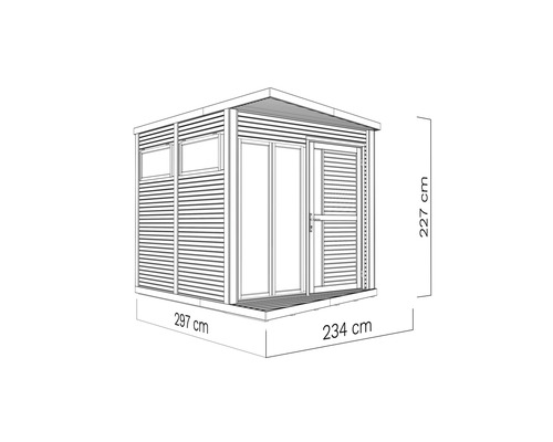 Bild av ett trädgårdshus med måtten 297 cm gånger 234 cm gånger 227 cm.