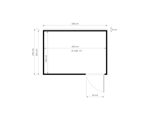 Planritning med mått: 336 centimeter lång, 240 centimeter bred, 7,65 kvadratmeter stor yta