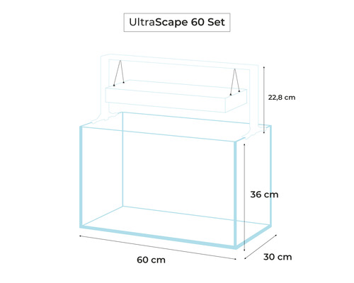 Akvariumset med måtten 60 cm lång, 36 cm hög och 30 cm bred