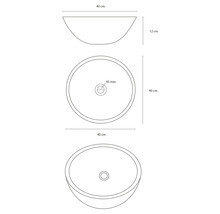 Ritning av ett runt tvättställ för bänkmontage med måtten 40 cm diameter och 12 cm höjd