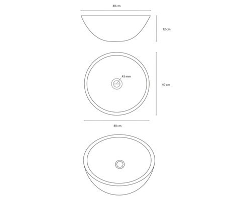 Ritning av ett runt tvättställ för bänkmontage med måtten 40 cm diameter och 12 cm höjd