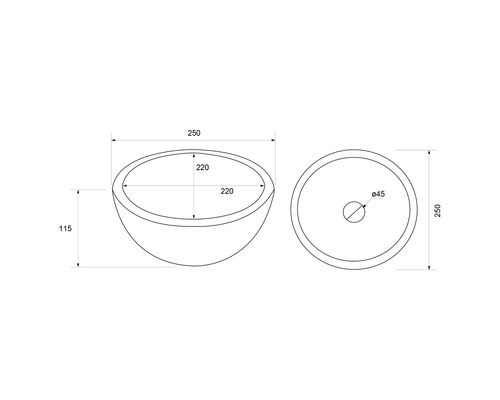 Teknisk ritning av en bänktvättställ med måttangivelser