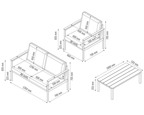 Ritning av en loungeset med soffa, fåtölj och bord med måttangivelser