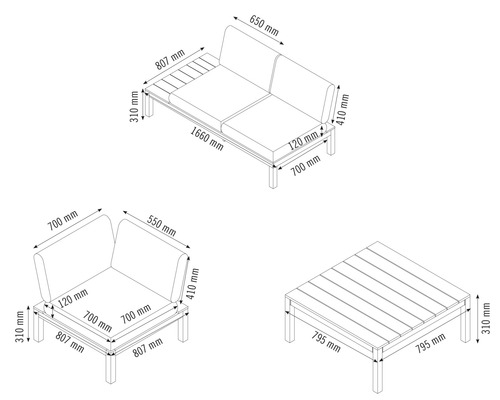 Mått på trädgårdsmöbelset bestående av soffa, hörnsektion och bord