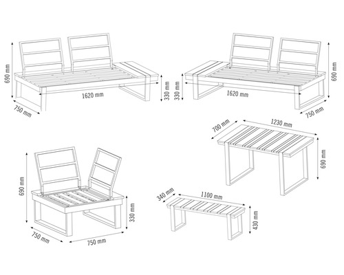 Skiss av loungegrupp med soffa, bänk och bord med måttangivelser