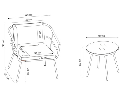 Teknisk ritning av trädgårdsmöbelset med fåtölj och bord med dimensioner i millimeter