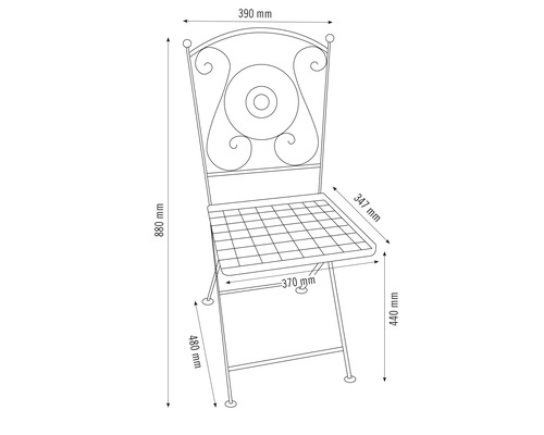 Teknisk ritning av en trädgårdsstol med mått