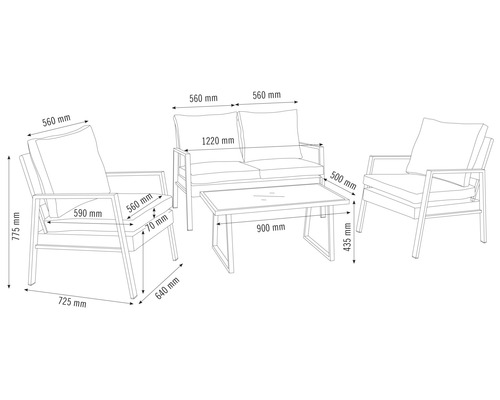 Teknisk ritning av en trädgårdsmöbelset med soffa, två fåtöljer och ett bord med mått.