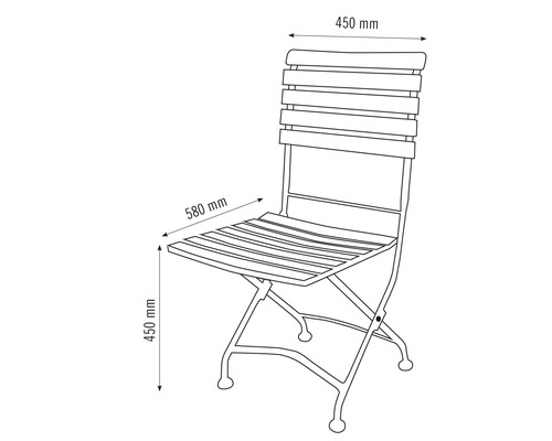Teknisk ritning av en hopfällbar stol med dimensioner