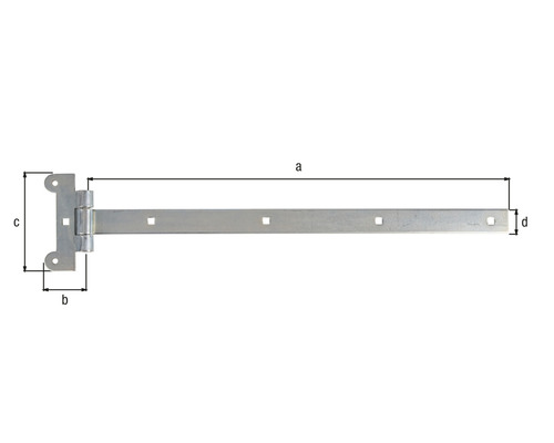 T-gångjärn med måtten a, b, c och d