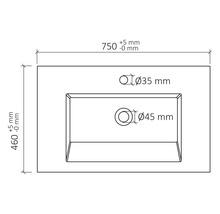 Ritning av ett tvättställ med måtten 750 mm och 460 mm, samt borrningar med diametrar på 35 mm och 45 mm