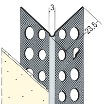 Illustration av en hörnskyddsprofil med perforeringar för användning i inredningsarbeten.