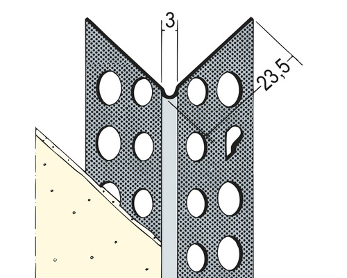 Illustration av en hörnskyddsprofil med perforeringar för användning i inredningsarbeten.