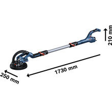 Bosch takslipmaskin med måtten 1730 mm längd, 250 mm slipskivediameter och 210 mm höjd.