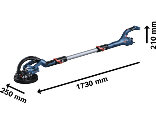 Bosch takslipmaskin med måtten 1730 mm längd, 250 mm slipskivediameter och 210 mm höjd.