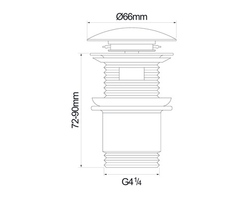 Ritning av en avloppsventil med måtten 66 mm i diameter och 72 till 90 mm i höjd