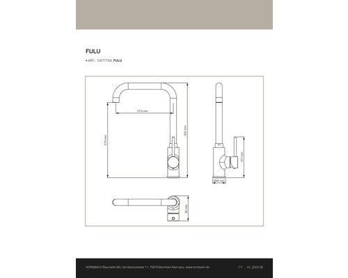 Ritning av en Fulu köksblandare med måttangivelser