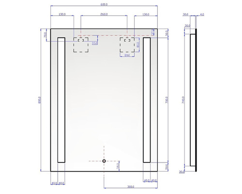 Teknisk ritning av en rektangulär spegel med dimensioner.