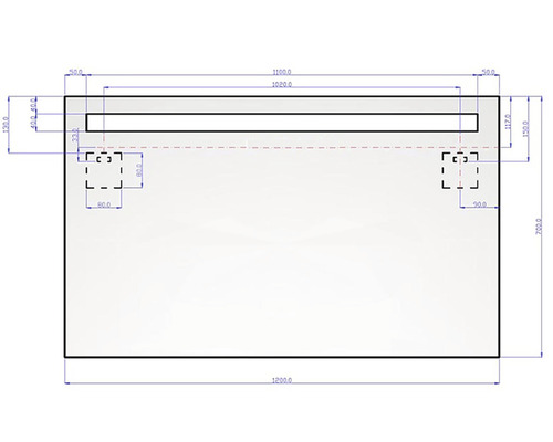 Teknisk ritning av en spegel med belysning och mått