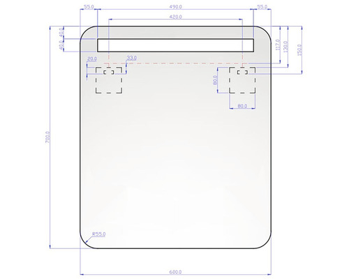 Teknisk ritning av en spegelplatta med måttangivelser