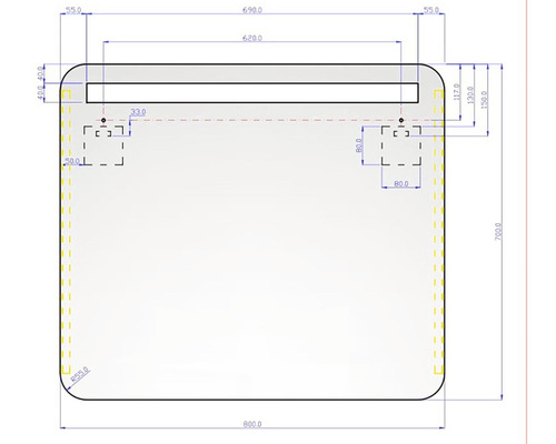 Teknisk ritning av en spegel med måttangivelser