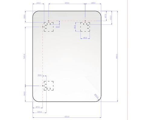 Teknisk ritning av en spegel med måttangivelser