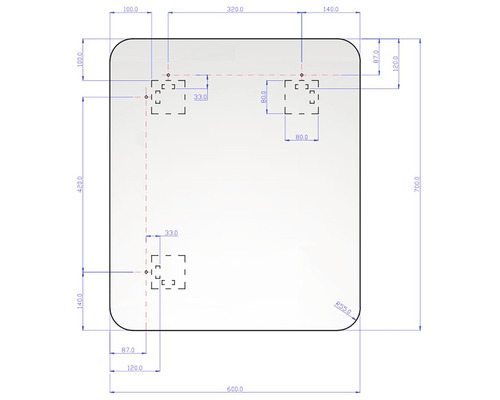 Teknisk ritning av en spegel med dimensioner