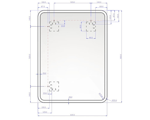 Teknisk ritning med mått och monteringspunkter