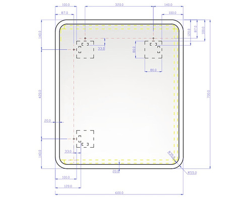 Teknisk ritning med mått på ett rektangulärt objekt med rundade hörn