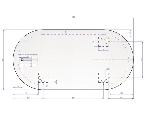 Skiss av ett ovalt badkar med mått