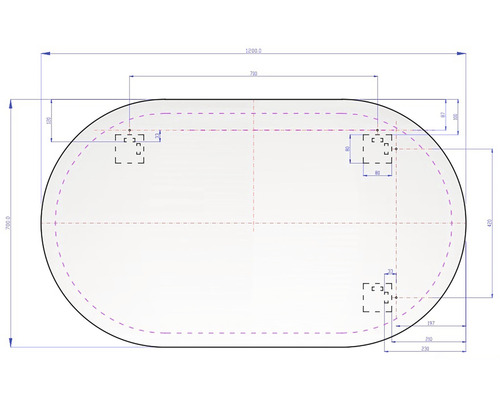 Ritning av en bordsskiva med mått
